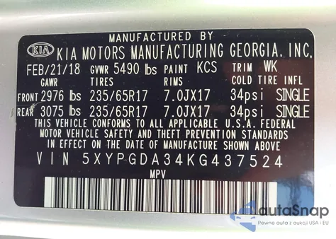 2019 Kia Sorento 2.4L Lx z USA, uszkodzony, nr VIN 5XYPGDA34KG437524